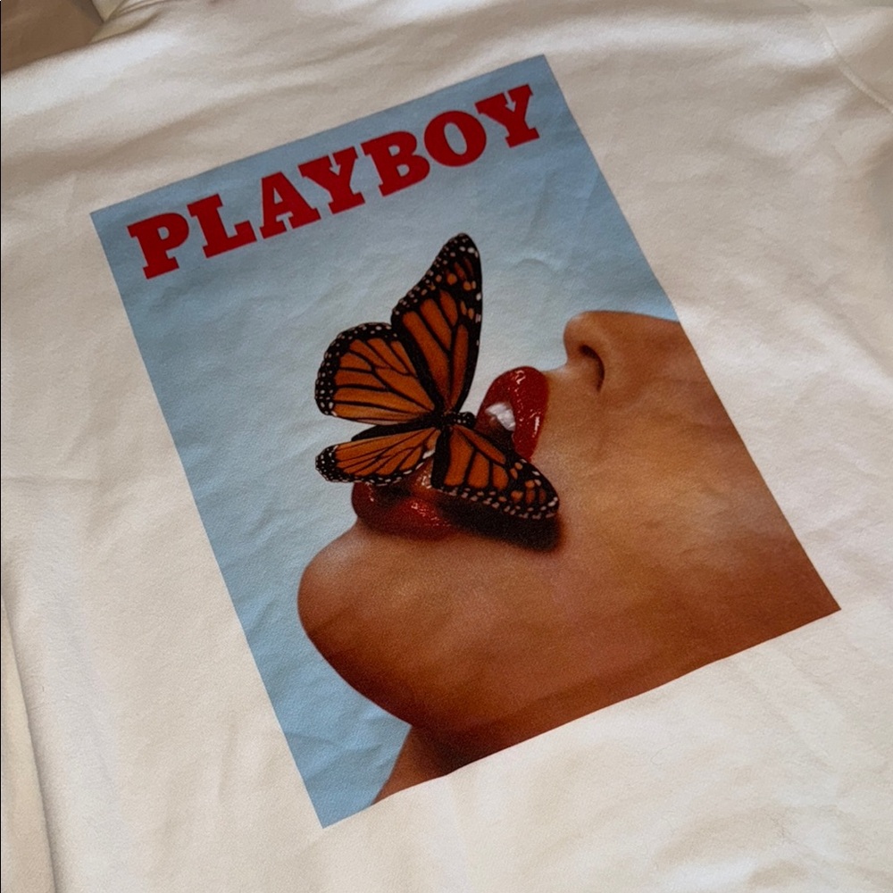 Oversized Playboy White Hoodie with Butterfly and Lips Graphic